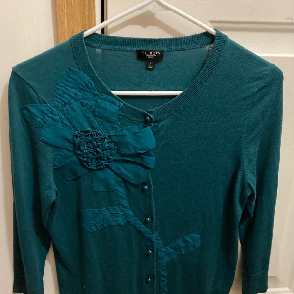 Talbot’s Petites short emerald green floral appliqued cotton cardigan